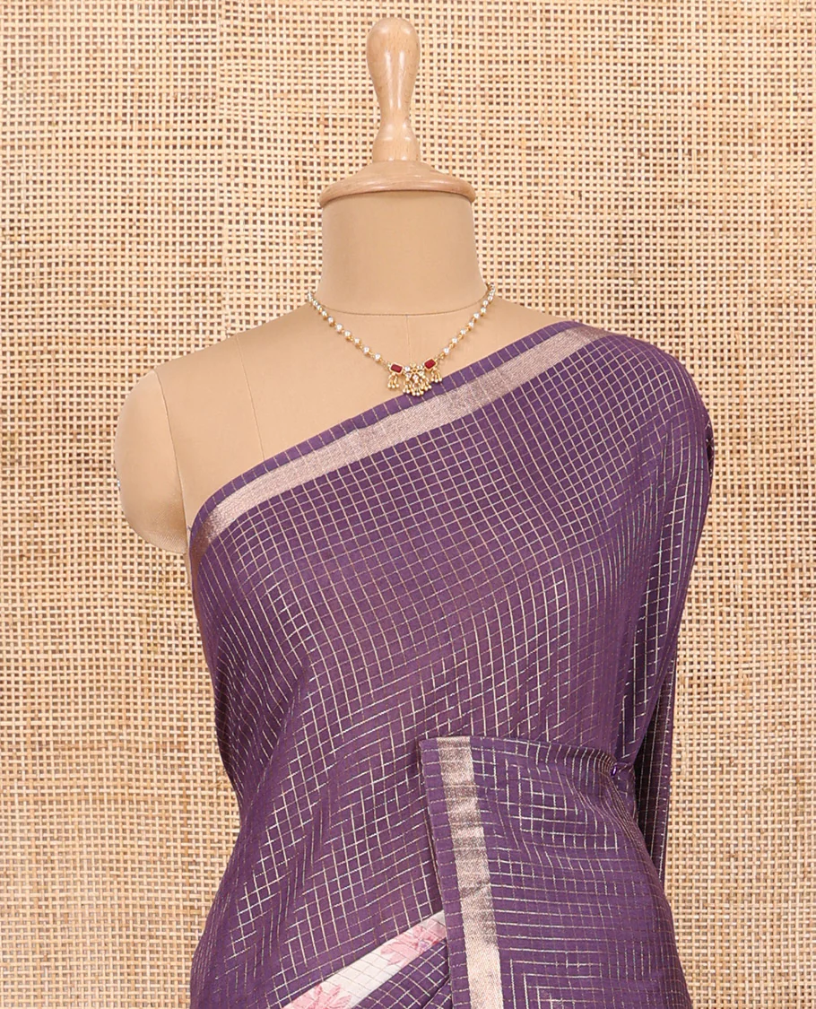 Purple Assam Silk Saree Graced with Micro-Checks and Floral Prints, Featuring a Simple Piping Border, Subtly Woven Pallu with Zari Stripes, Paired with a Matching Checked Blouse - Image 3