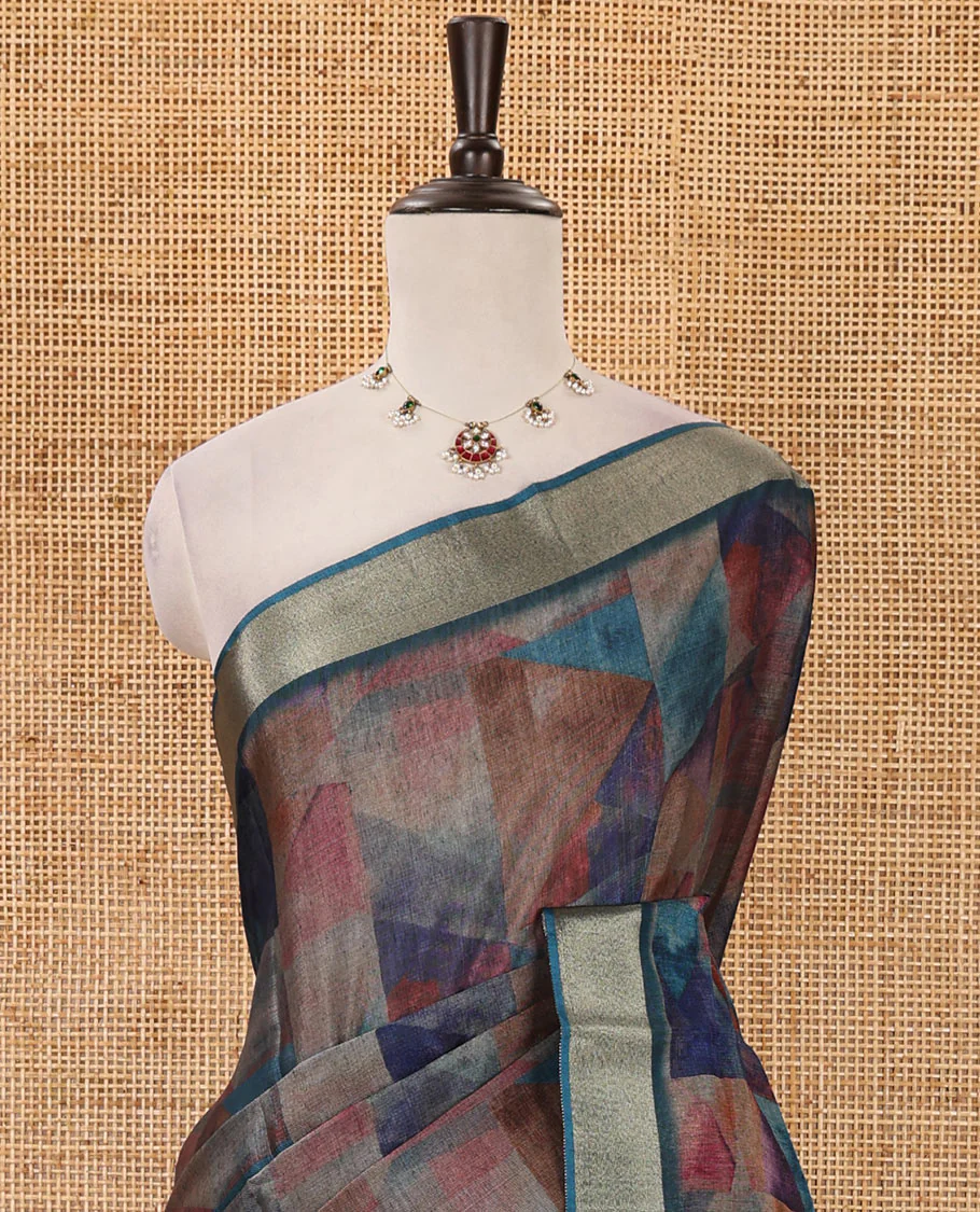 Purple-base colorful abstract printed black spun linen saree, zari piping border, floral printed pallu & printed blouse - Image 3