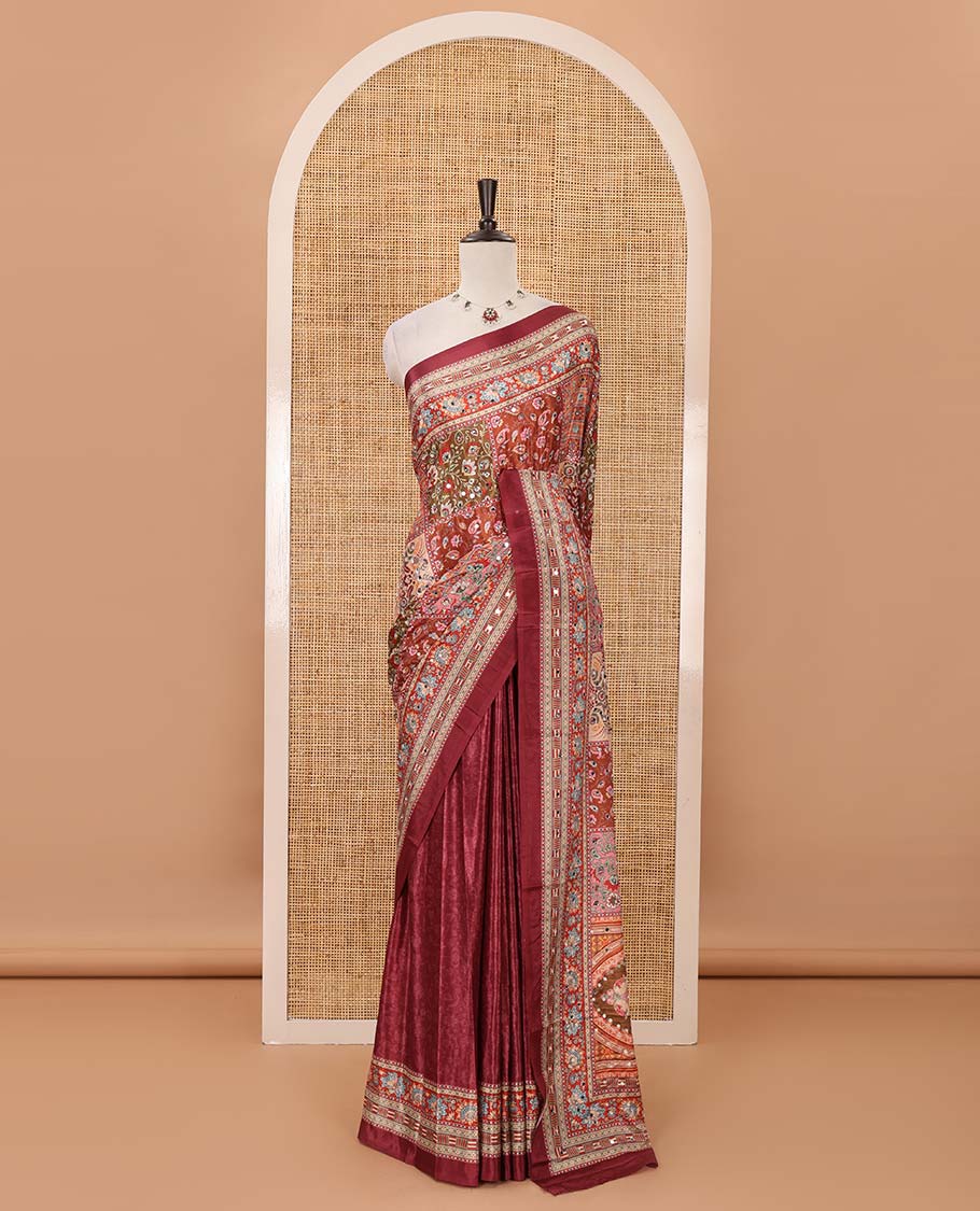 Purple-base floral-theme printed & real mirror work masakali saree, self-border, printed mirror work pallu & matching blouse - Image 2