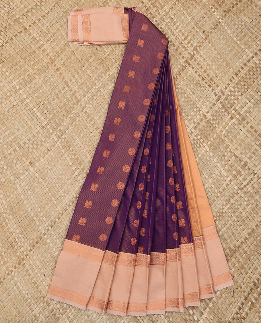 Purple  Budget Silk Saree Artfully Detailed with Peacock Chakram Buttas and Zari Stripes, Highlighted with a Contrast Traditional Zari Design Rettai Pettu Border, Zari Woven Pallu, and Paired with a Contrast Blouse - Image 2