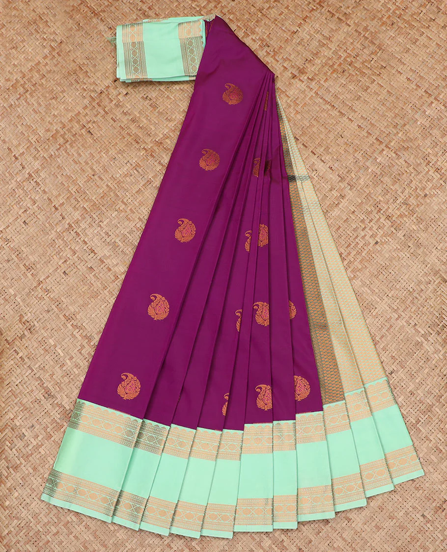 Purple Budget Silk Saree Delicately Woven with Paisley Buttas, Complemented with a Contrast Traditional Zari Design Rettai Pettu Border, Pallu Subtly Woven in Buttas, and Comes with a Contrast Blouse - Image 2