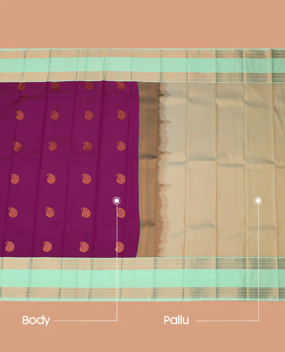 Purple Budget Silk Saree Delicately Woven with Paisley Buttas, Complemented with a Contrast Traditional Zari Design Rettai Pettu Border, Pallu Subtly Woven in Buttas, and Comes with a Contrast Blouse - Image 3