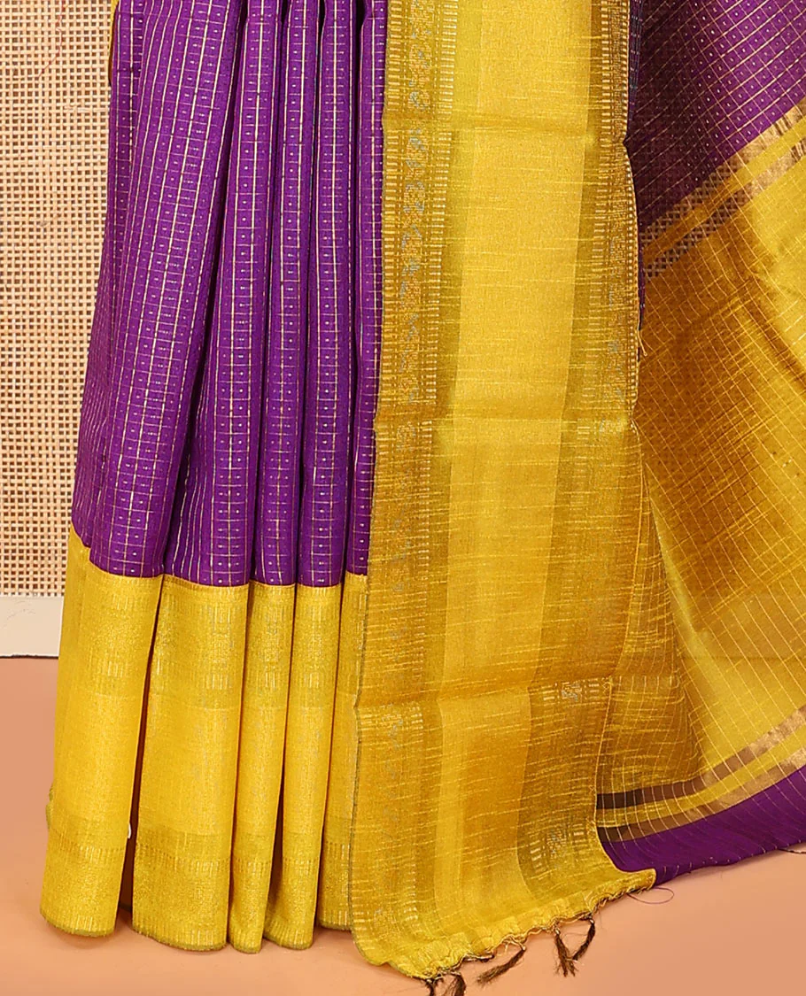 Purple butta enclosed checked dupion saree, contrast traditional border, and zari striped pallu - Image 3