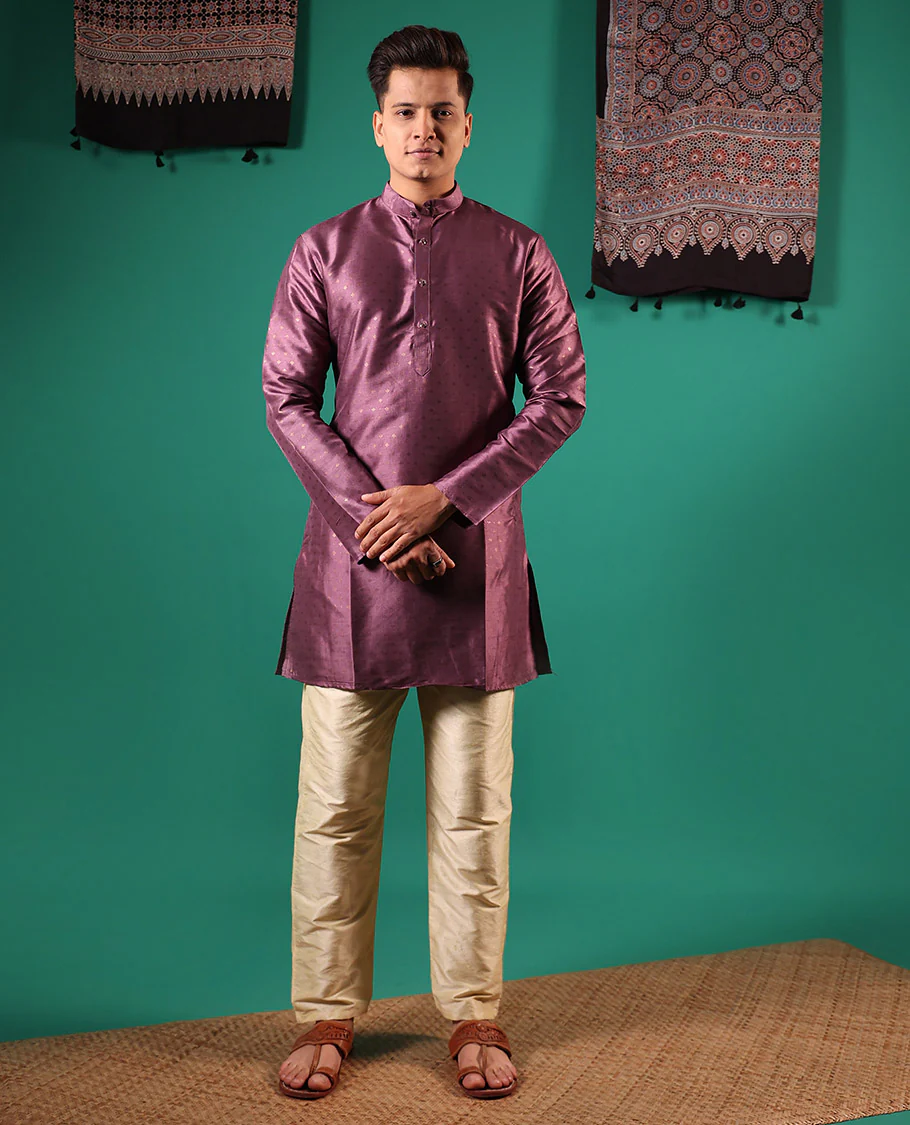 Purple buttas embossed with full-sleeved men's kurta - Image 2