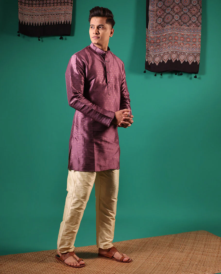 Purple buttas embossed with full-sleeved men's kurta - Image 3