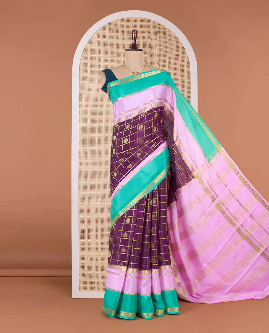 Purple buttas enclosed checked Mysore silk saree, contrast traditional zari border and pallu of zari designs - Image 2