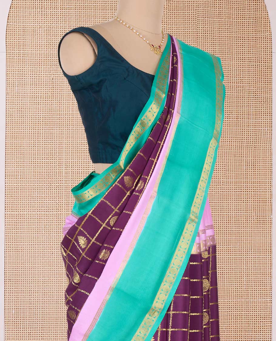 Purple buttas enclosed checked Mysore silk saree, contrast traditional zari border and pallu of zari designs - Image 3