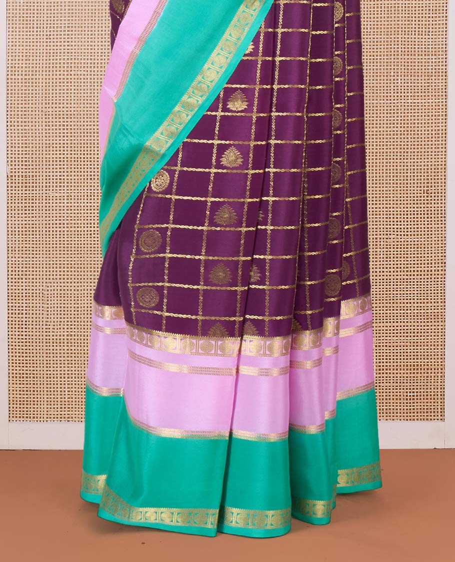 Purple buttas enclosed checked Mysore silk saree, contrast traditional zari border and pallu of zari designs - Image 4