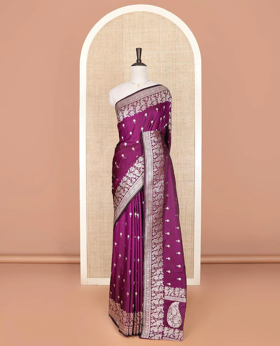 Purple buttas mushru silk saree, self-border of floral-paisley creeper designs, and paisley design pallu - Image 2
