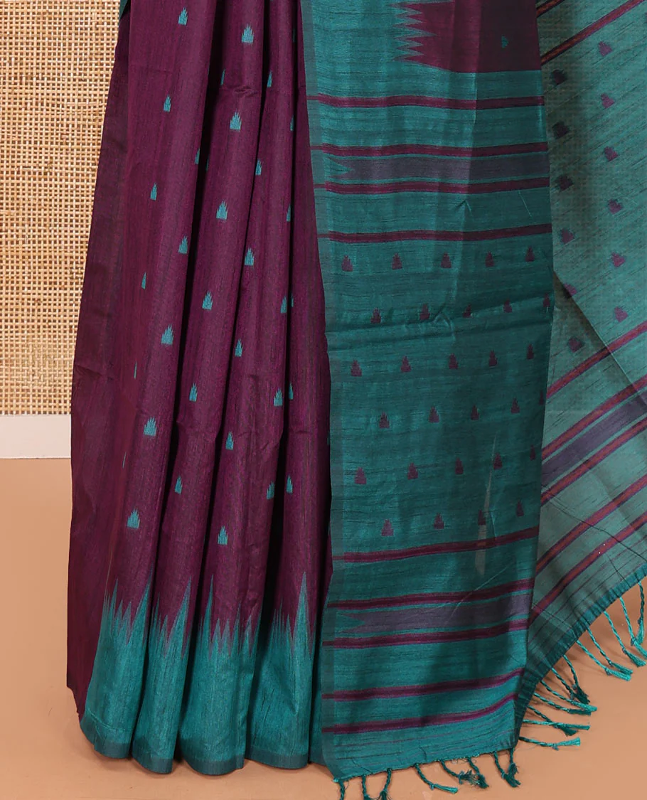Purple buttas semi-jute saree with contrast temple border, thread striped pallu, and a contrast thread buttas blouse - Image 3