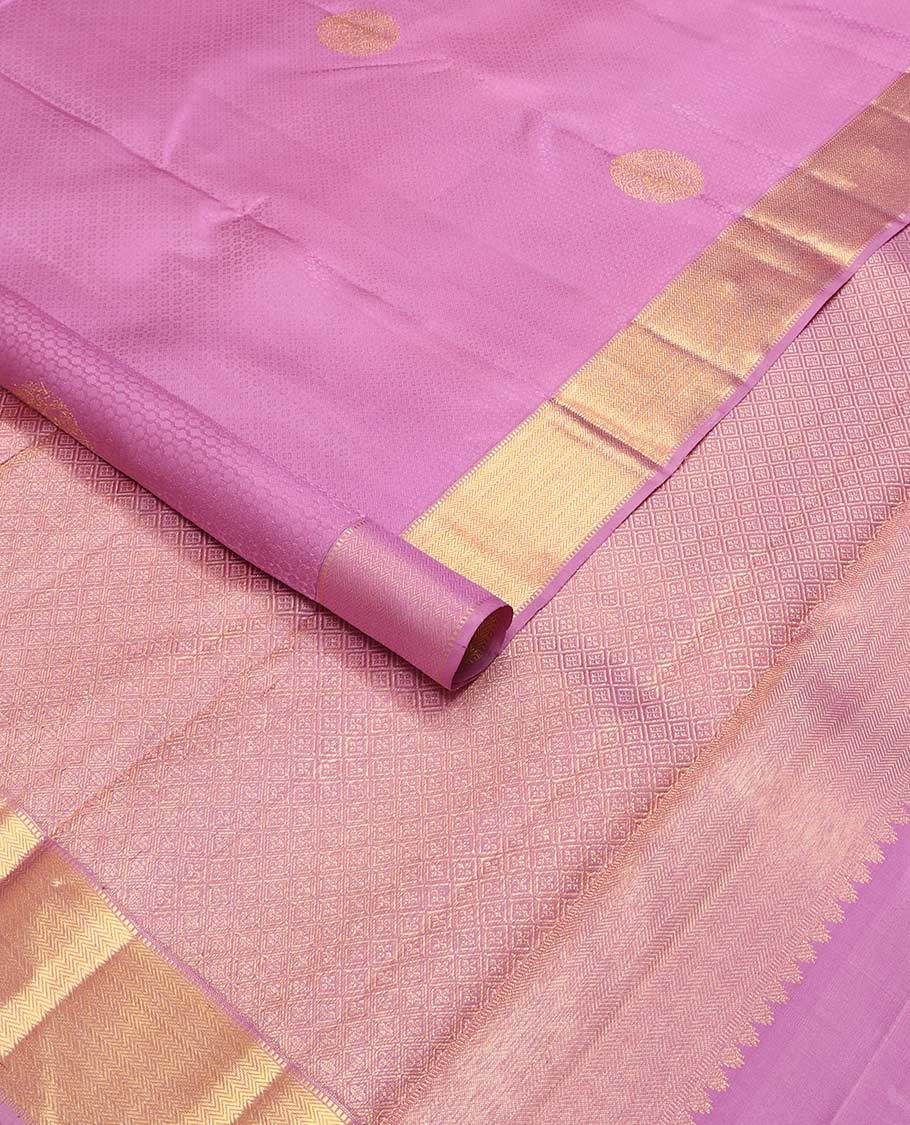 Pink embossed with buttas Parampara silk saree, self-border of muthu, vanki design and jaal design pallu - Image 2