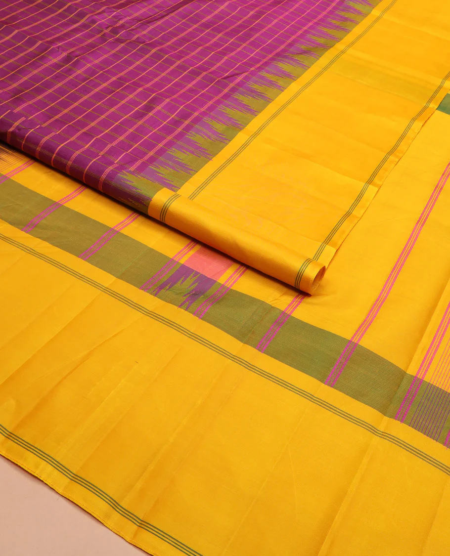 Purple checked Kanchipuram silk saree, contrast thazampoo rekku striped border, and striped pallu - Image 2