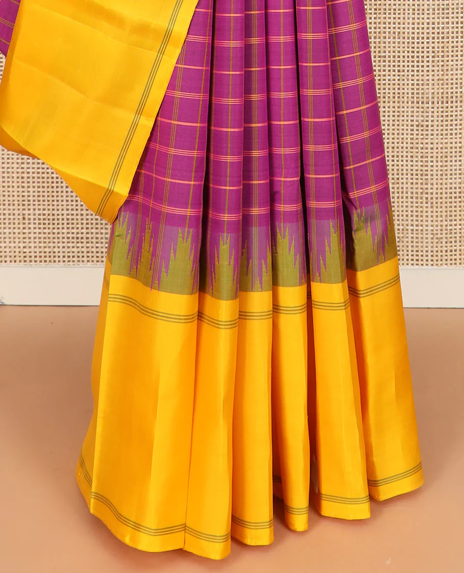 Purple checked Kanchipuram silk saree, contrast thazampoo rekku striped border, and striped pallu - Image 4
