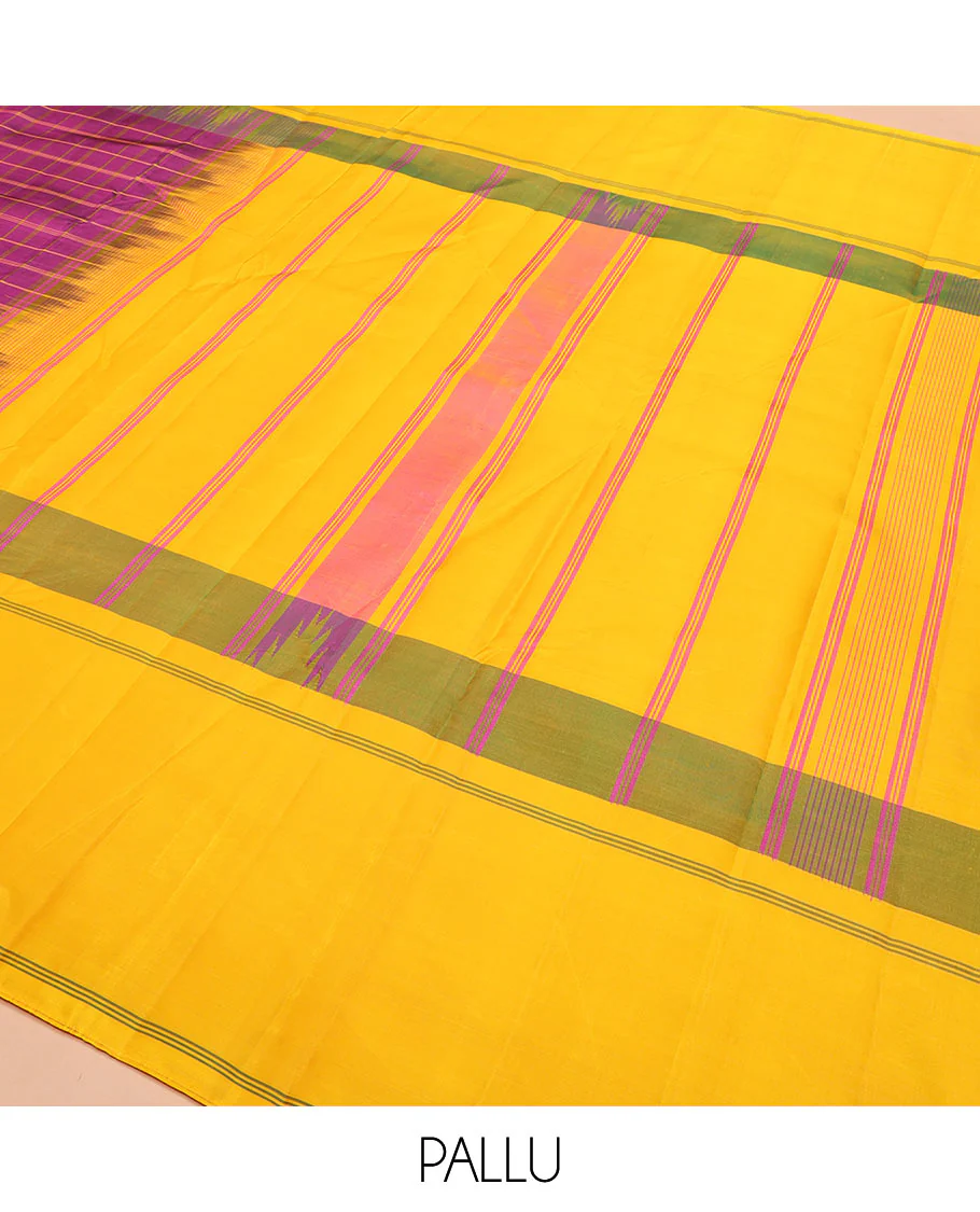 Purple checked Kanchipuram silk saree, contrast thazampoo rekku striped border, and striped pallu - Image 5