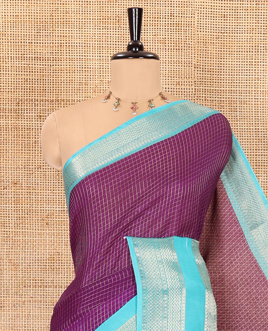 Purple checked moss chiffon saree with contrast traditional zari design border, checked pallu, and a contrast zari design blouse - Image 2