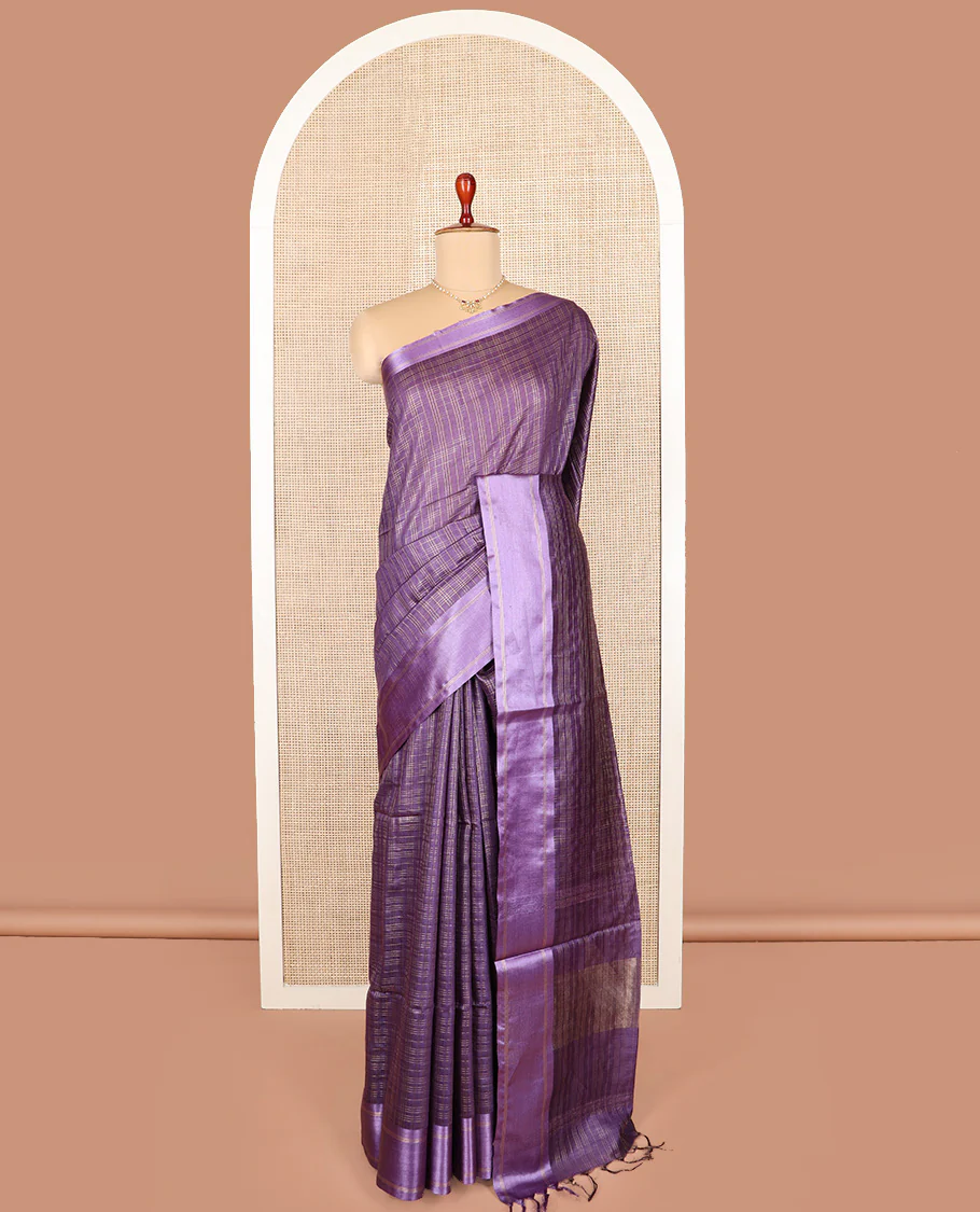 Purple checked tussar saree, contrast striped border, and self-pallu - Image 2