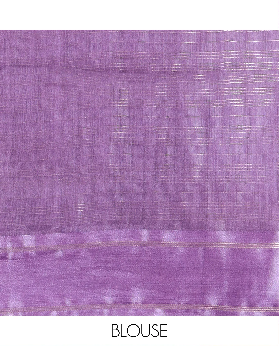 Purple checked tussar saree, contrast striped border, and self-pallu - Image 5
