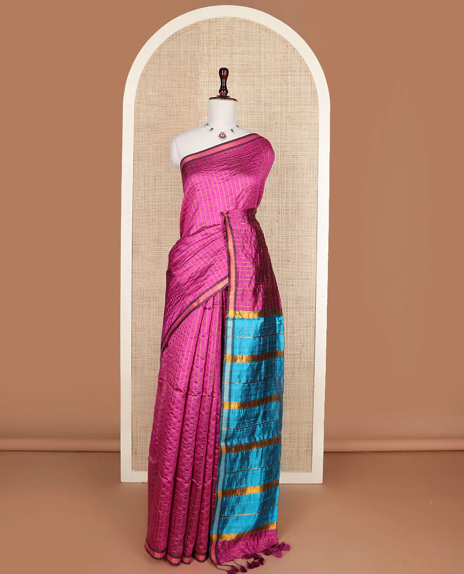 Purple checked tussar silk saree, zari border, and contrast striped pallu - Image 3