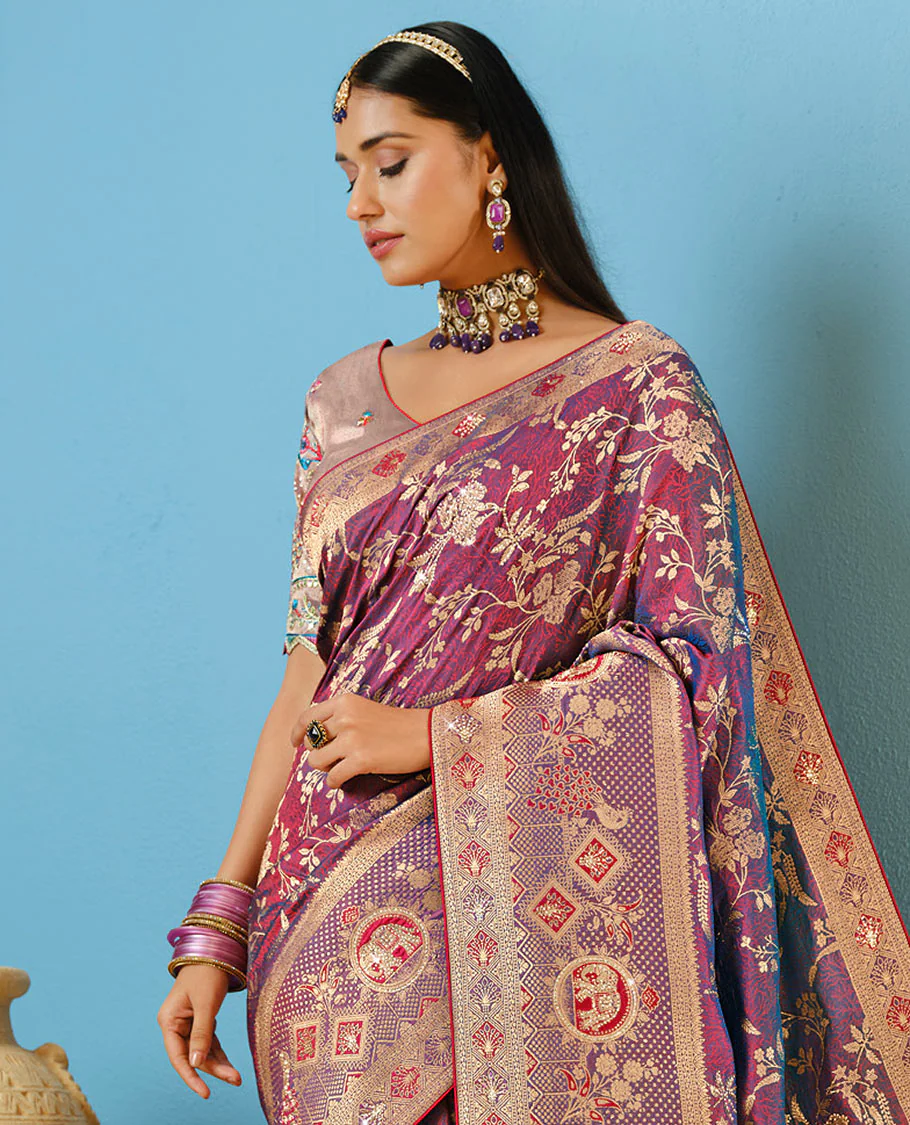Purple Designer Saree Adorned with Floral Vine and Stonework, a Contrast Border Featuring Meenakari Design and Stonework, Pallu Depicting Floral-Peacock Motifs, and a Contrast Blouse Complemented by Embroidery - Image 2