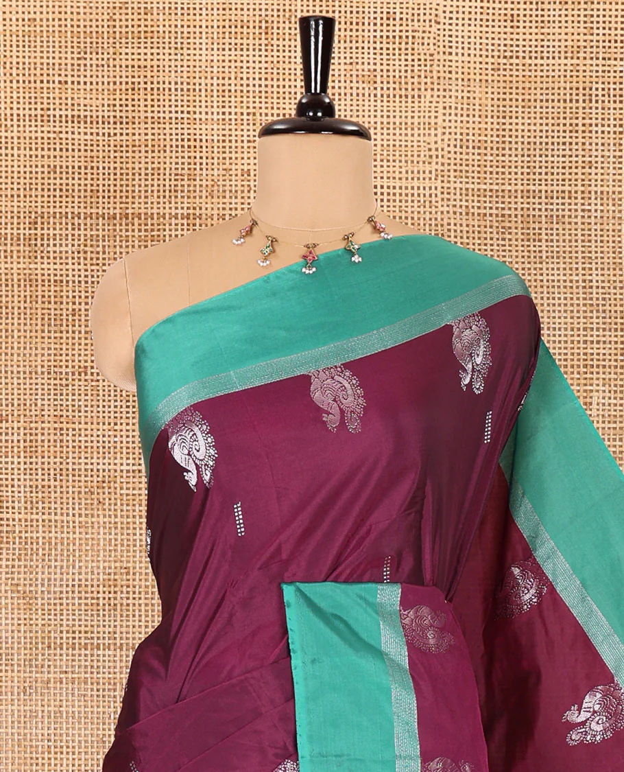 Purple dobby and peacock buttas semi-soft silk saree, contrast zari striped border, zari buttas pallu, and a matching blouse - Image 2