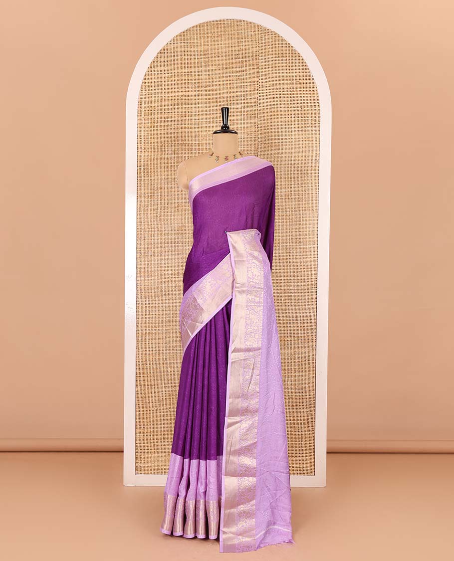Purple embossed moss chiffon saree, contrast embossed with traditional zari border, jaal pallu, and a contrast blouse - Image 2