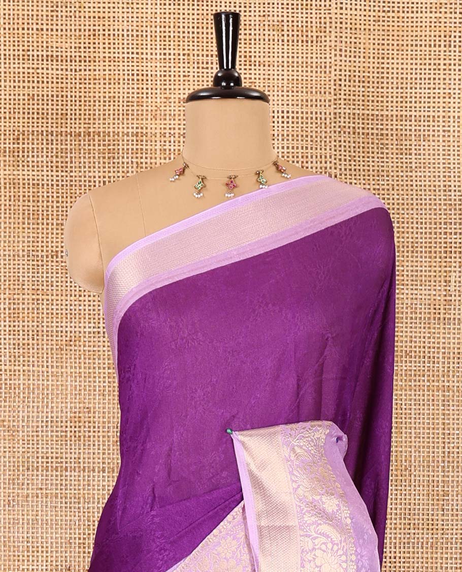 Purple embossed moss chiffon saree, contrast embossed with traditional zari border, jaal pallu, and a contrast blouse - Image 3