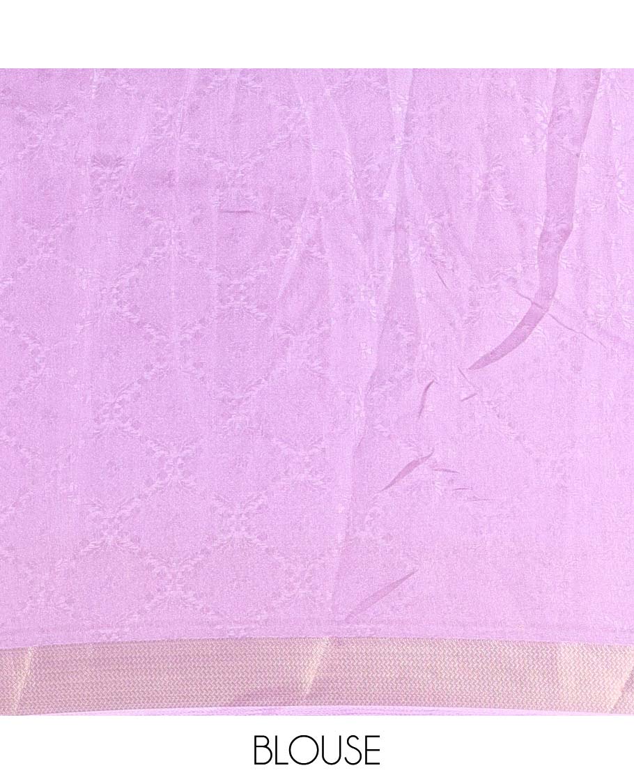 Purple embossed moss chiffon saree, contrast embossed with traditional zari border, jaal pallu, and a contrast blouse - Image 4
