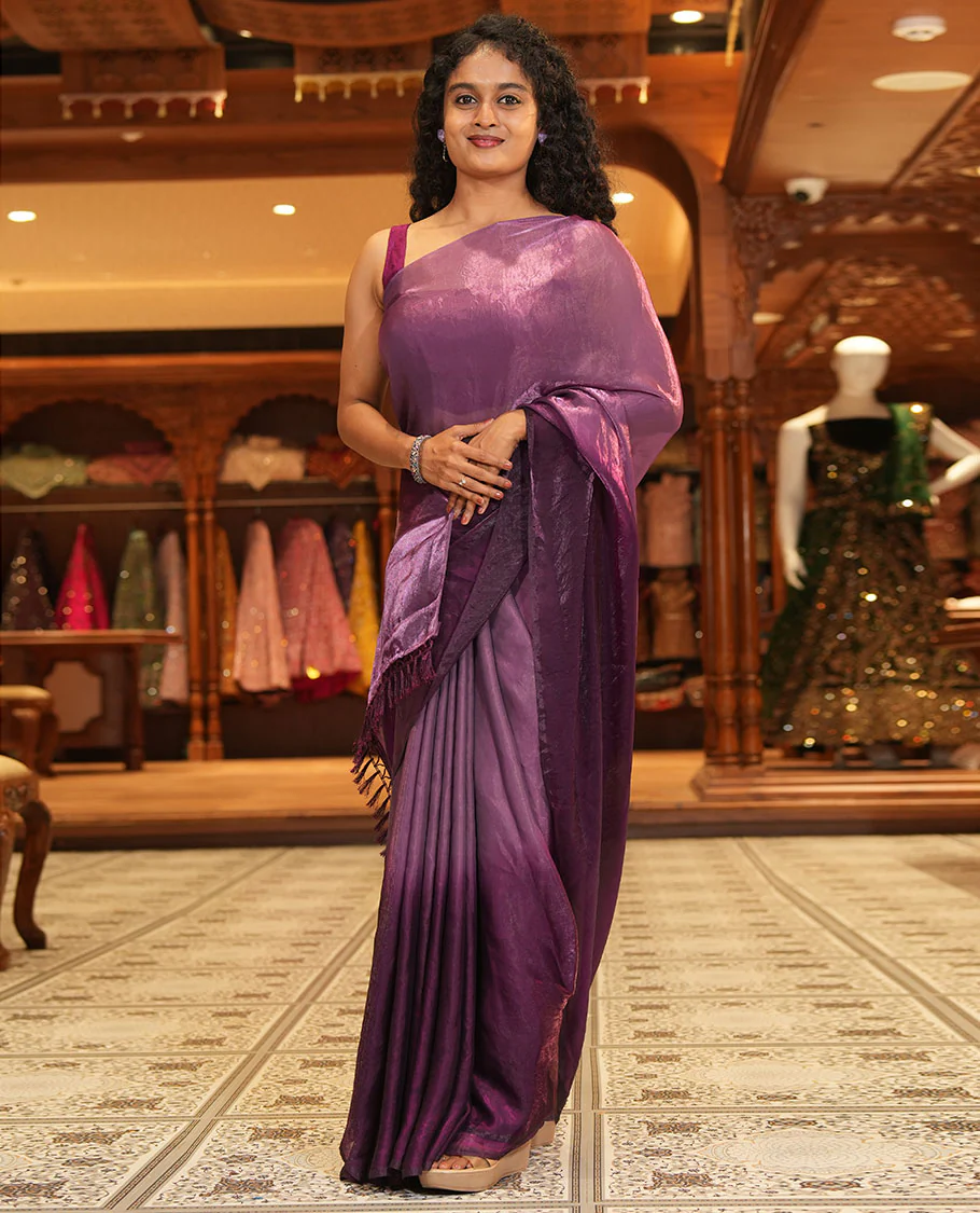 Purple Fendy Chiffon Saree Subtly Sparked with Plain Dual-Tone Ombre-Style Design, Self-Pallu of Tassels, and a Plain Blouse - Image 2
