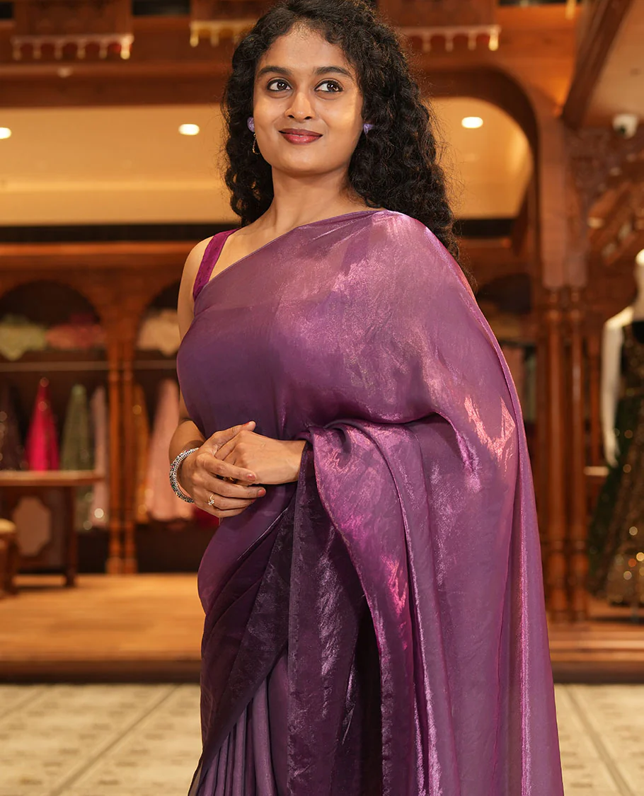 Purple Fendy Chiffon Saree Subtly Sparked with Plain Dual-Tone Ombre-Style Design, Self-Pallu of Tassels, and a Plain Blouse - Image 3