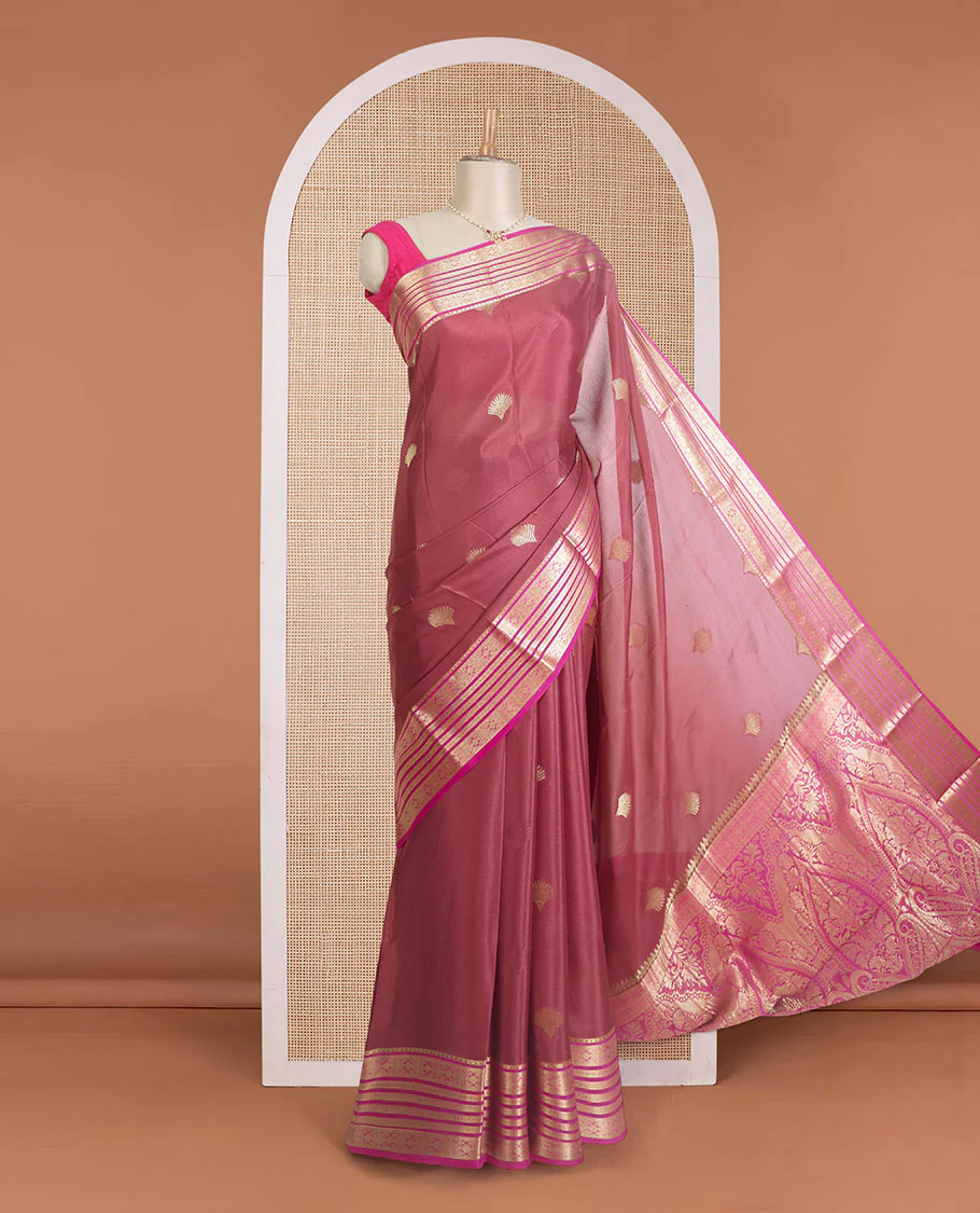 Purple floral bouquet zari buttas banarasi kathan silk saree, contrast floral creeper zari border, and intricate pallu - Image 2