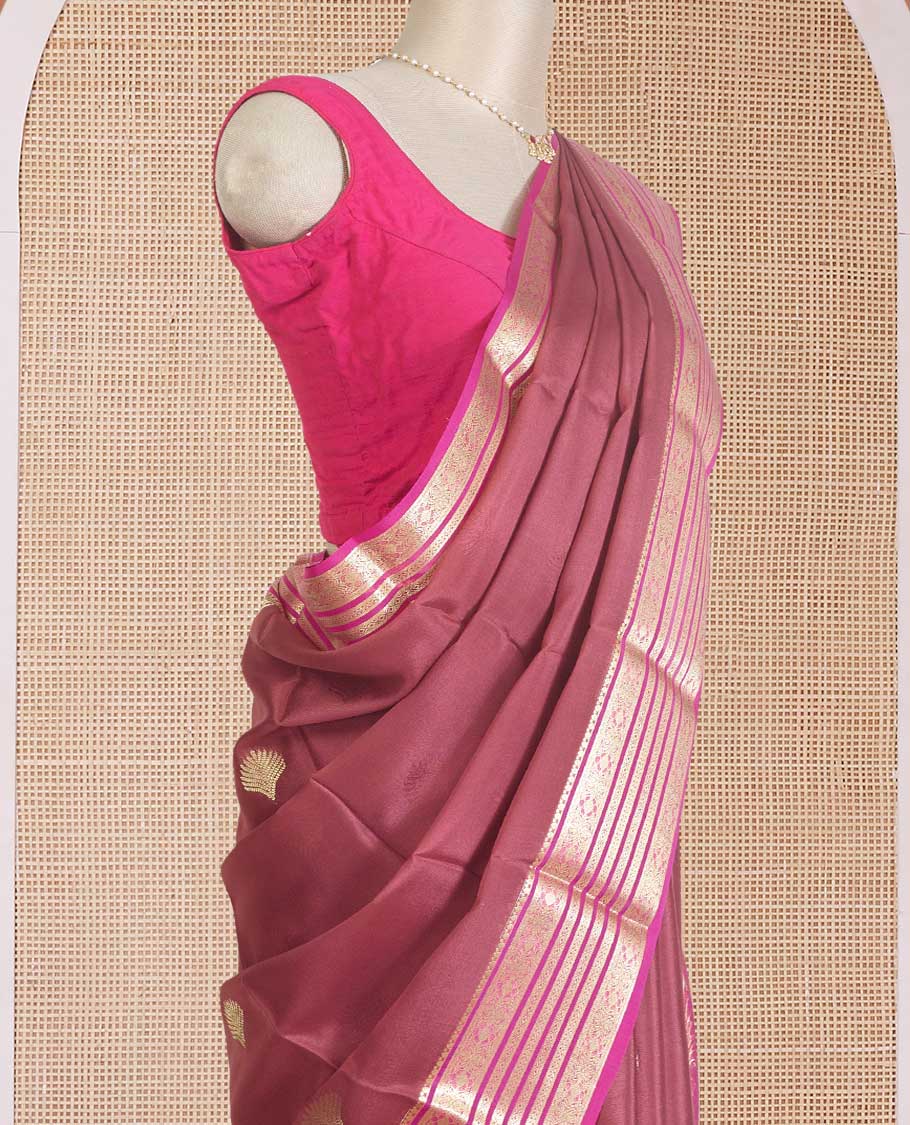 Purple floral bouquet zari buttas banarasi kathan silk saree, contrast floral creeper zari border, and intricate pallu - Image 3