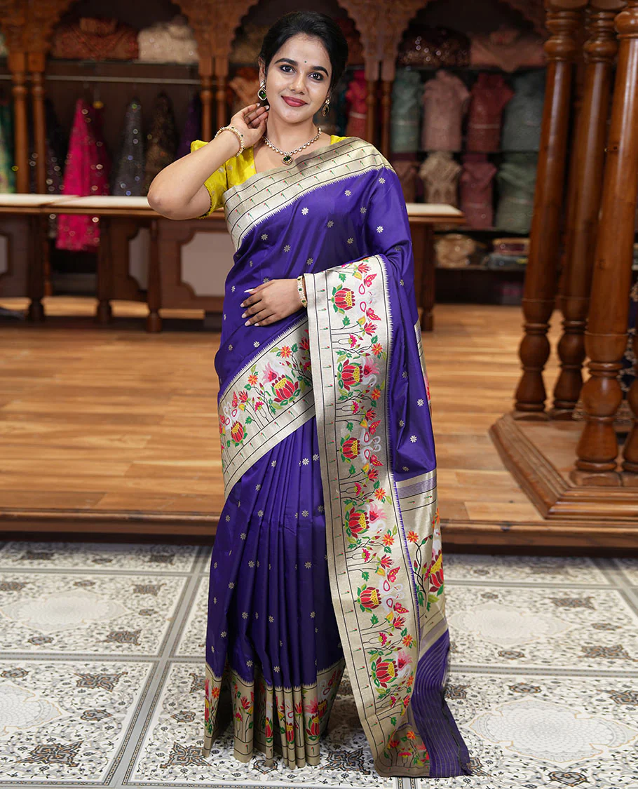 Purple floral buttas art silk paithani saree, contrast floral, bird, and muniya border, pallu of floral and bird designs and a matching blouse - Image 2