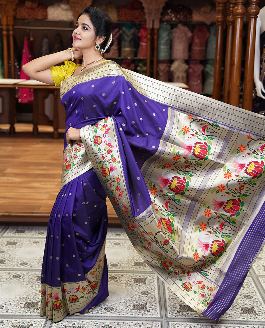 Purple floral buttas art silk paithani saree, contrast floral, bird, and muniya border, pallu of floral and bird designs and a matching blouse - Image 3