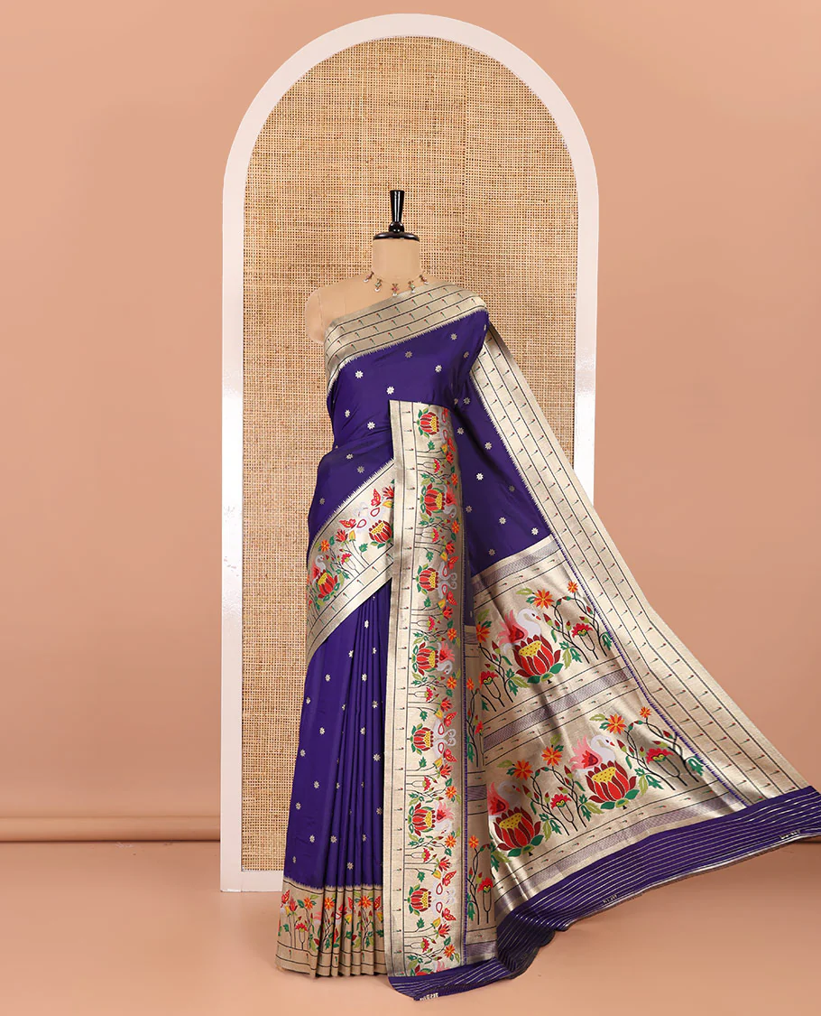 Purple floral buttas art silk paithani saree, contrast floral, bird, and muniya border, pallu of floral and bird designs and a matching blouse - Image 4
