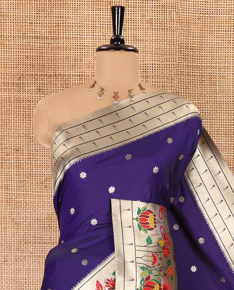 Purple floral buttas art silk paithani saree, contrast floral, bird, and muniya border, pallu of floral and bird designs and a matching blouse - Image 5