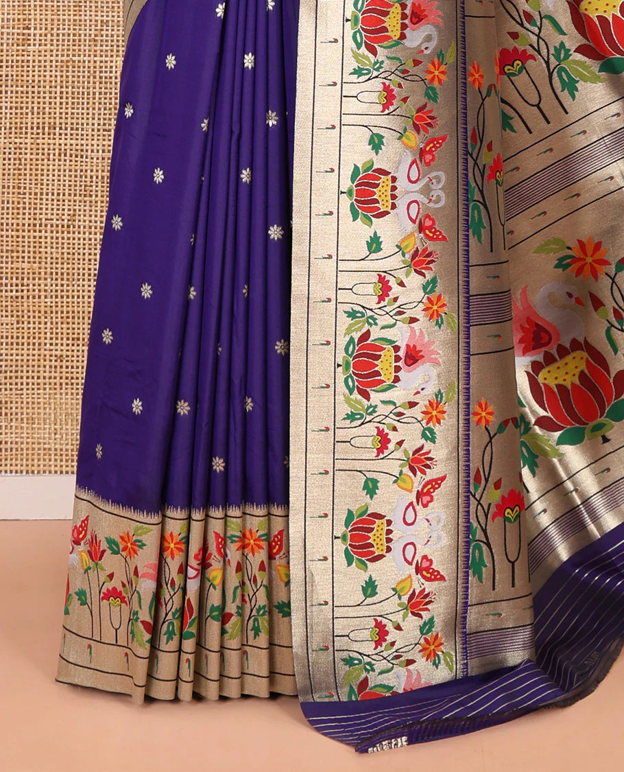 Purple floral buttas art silk paithani saree, contrast floral, bird, and muniya border, pallu of floral and bird designs and a matching blouse - Image 6