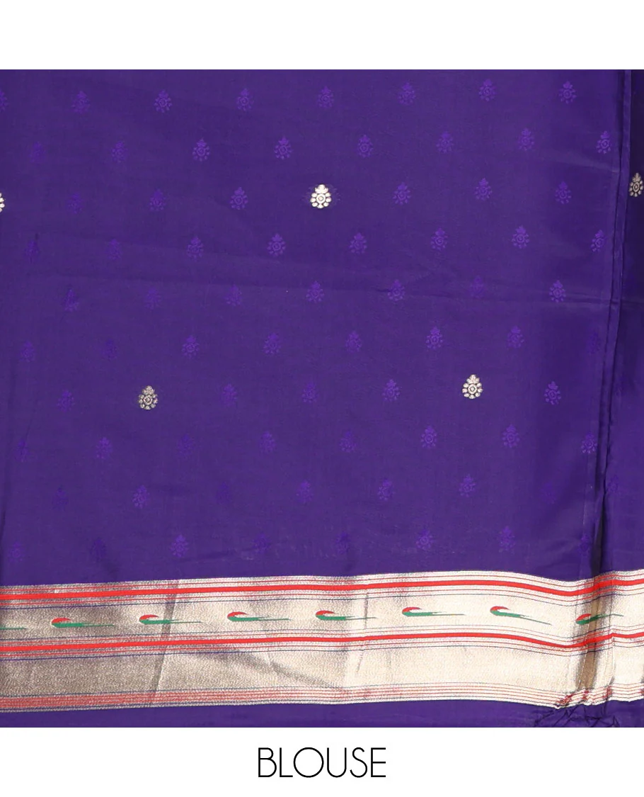 Purple floral buttas art silk paithani saree, contrast floral, bird, and muniya border, pallu of floral and bird designs and a matching blouse - Image 7