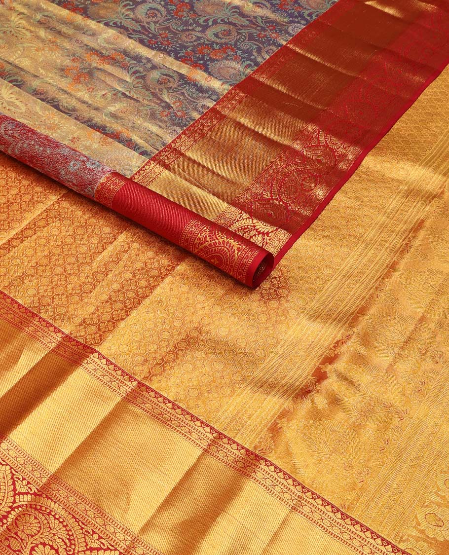 Purple floral design kancheepuram silk saree with contrast border of intricate zari design & floral design pallu - Image 2