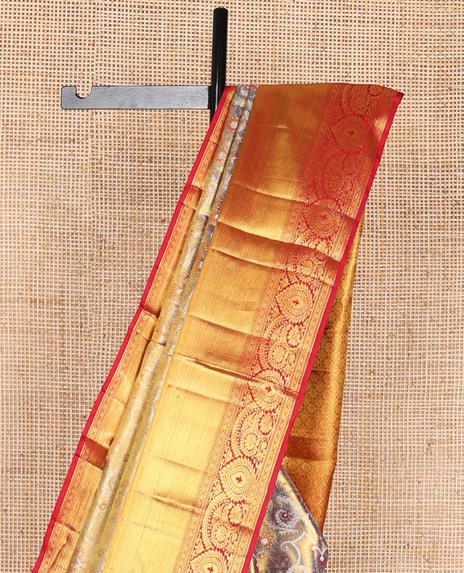 Purple floral design kancheepuram silk saree with contrast border of intricate zari design & floral design pallu - Image 4