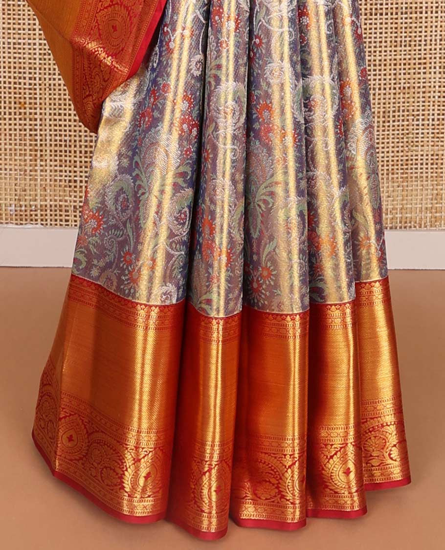 Purple floral design kancheepuram silk saree with contrast border of intricate zari design & floral design pallu - Image 5