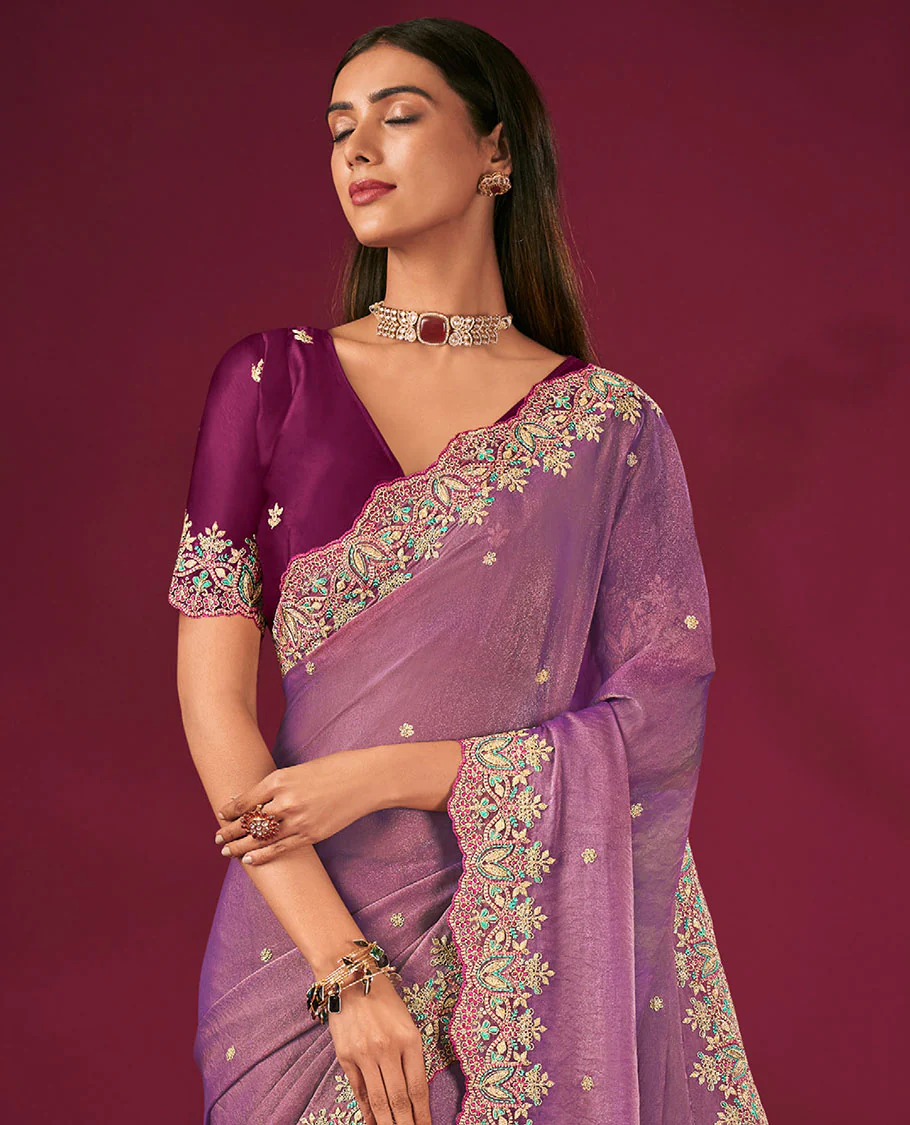 Purple Floral Embroidered Designer Saree with Embroidered Scallop Borders, Embroidered Pallu, and a Contrast Embroidered Blouse - Image 2