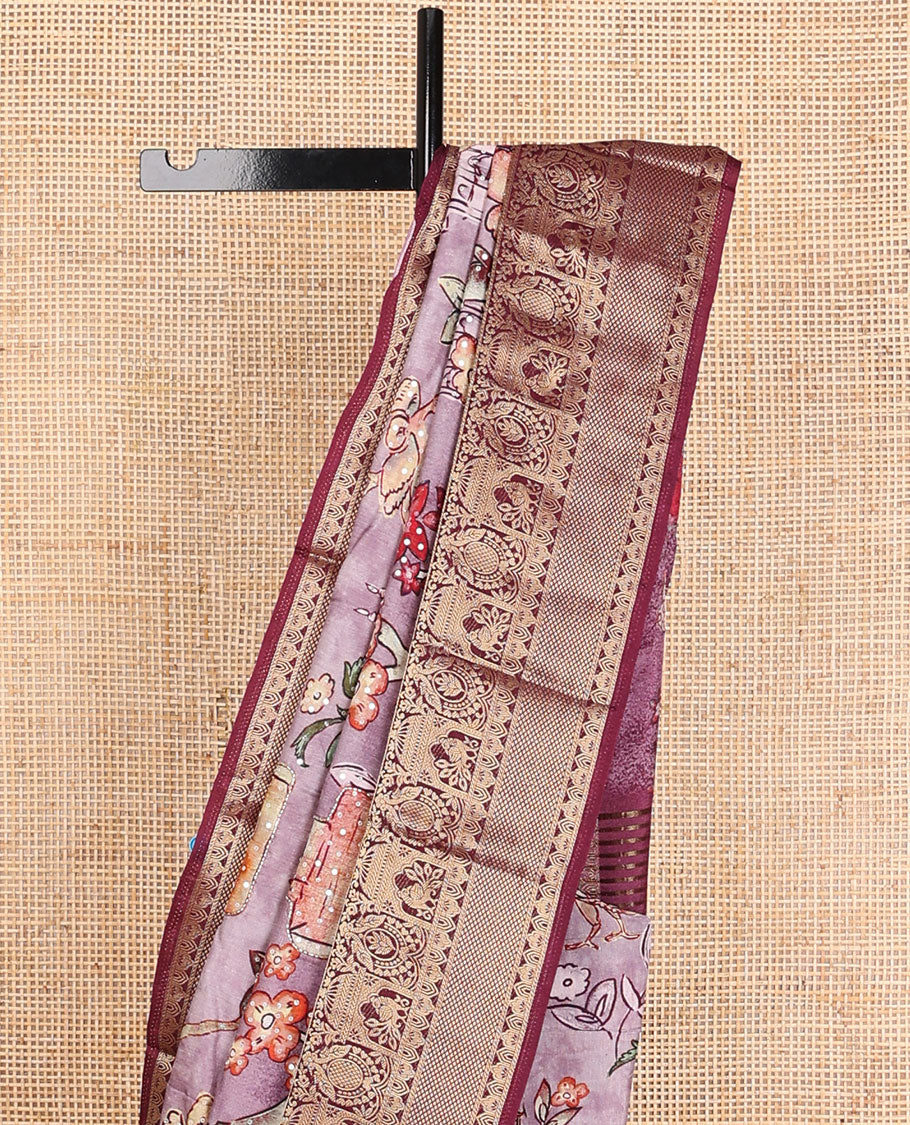Purple floral & fauna printed with sequin embroidered dola silk saree, contrast traditional zari design border & zari striped pallu - Image 3