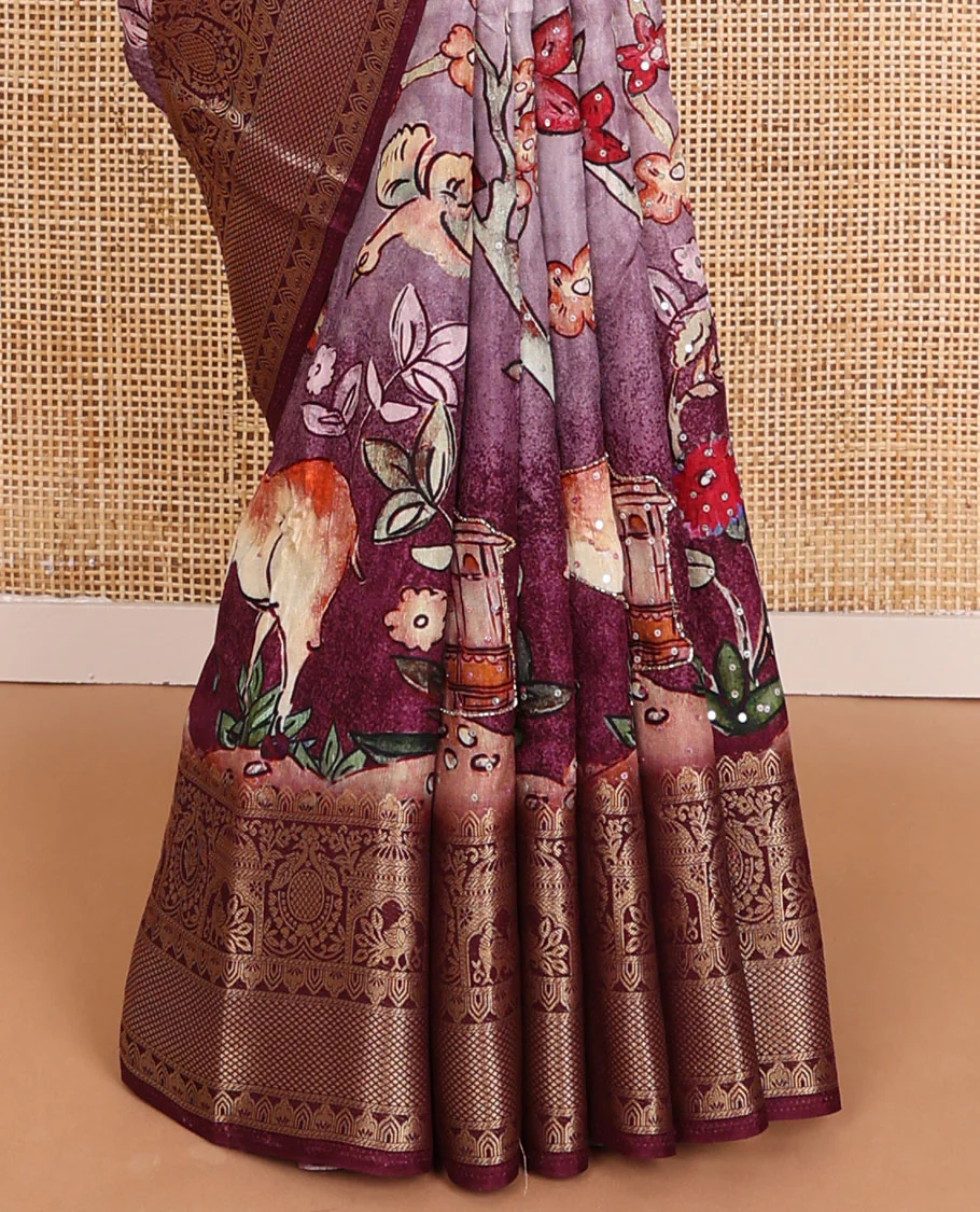 Purple floral & fauna printed with sequin embroidered dola silk saree, contrast traditional zari design border & zari striped pallu - Image 4