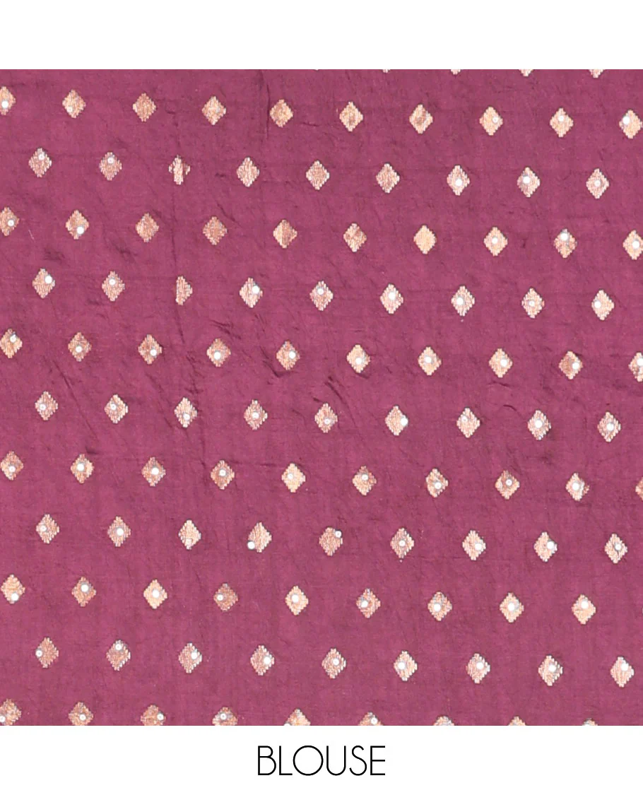 Purple floral & fauna printed with sequin embroidered dola silk saree, contrast traditional zari design border & zari striped pallu - Image 5