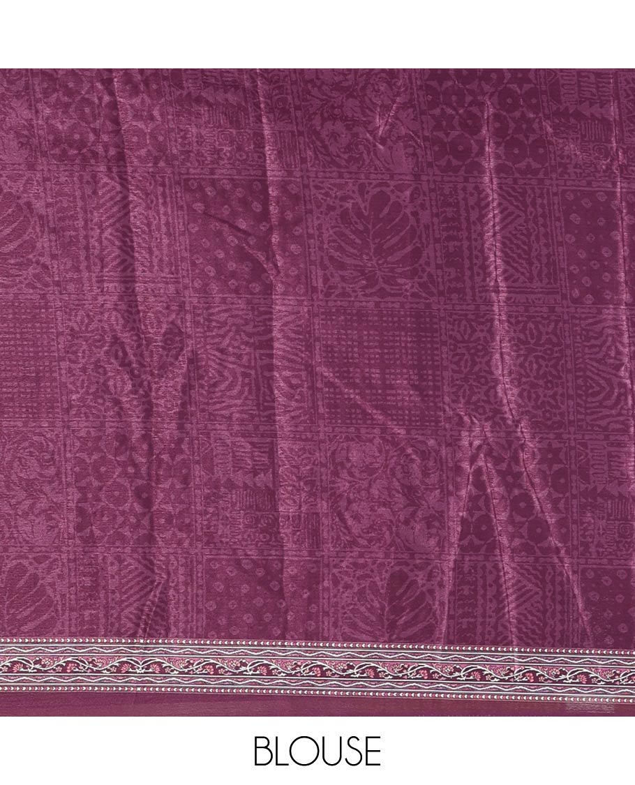 Purple floral-geometric printed and mirror work masakali saree, printed border, printed and mirror work pallu, and a matching printed blouse - Image 4