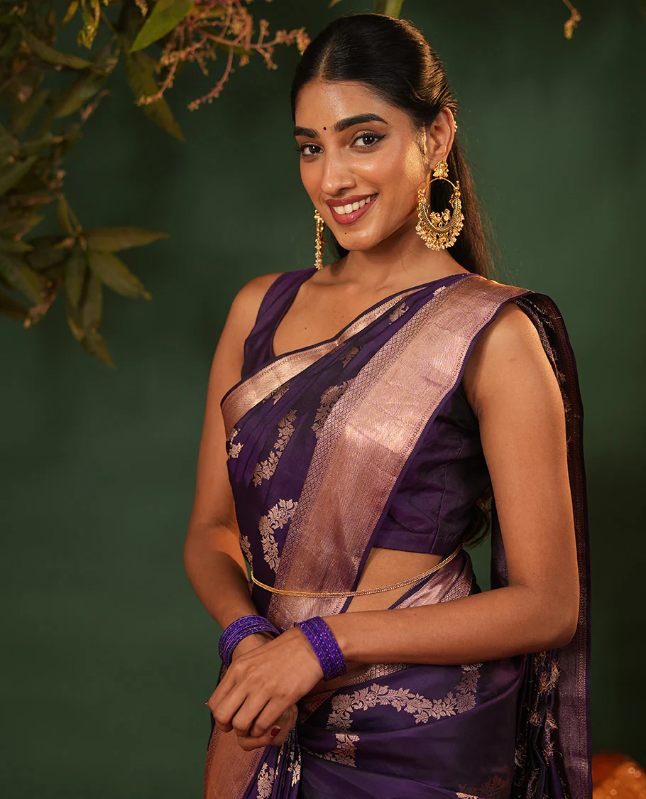 Purple floral jaal jacquard Vasundhara silk saree, zari border of thilakam mokku, lavangam, and jaal designs, intricate pallu, and zari design blouse - Image 3