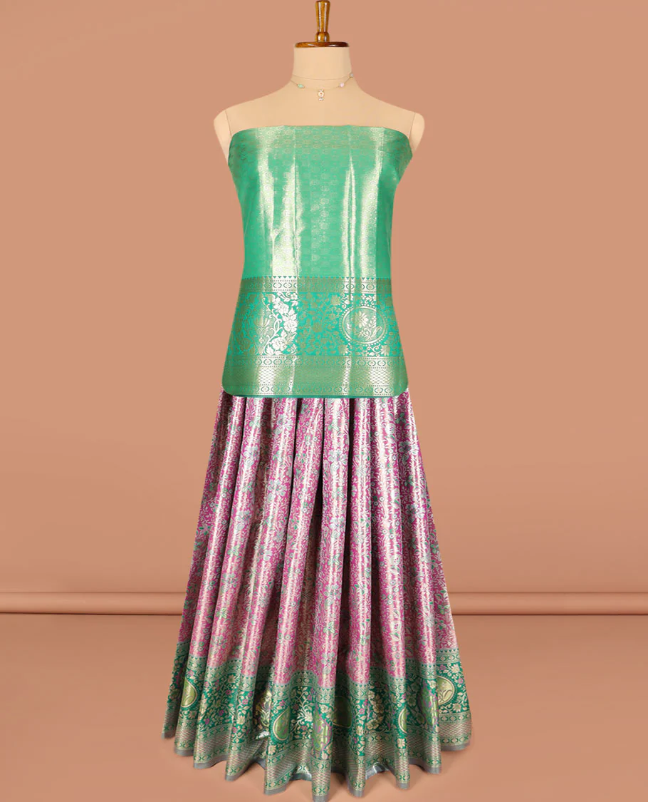 Purple floral jacquard art silk half-saree saree with contrast meenakari bordered skirt, contrast jacquard blouse, and a contrast zari paisleys woven dhavani - Image 2