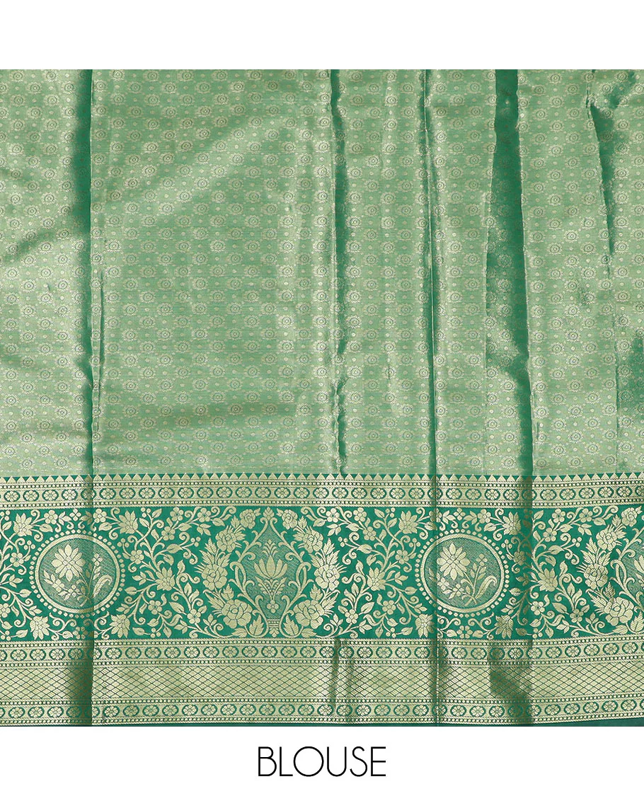 Purple floral jacquard art silk half-saree saree with contrast meenakari bordered skirt, contrast jacquard blouse, and a contrast zari paisleys woven dhavani - Image 5