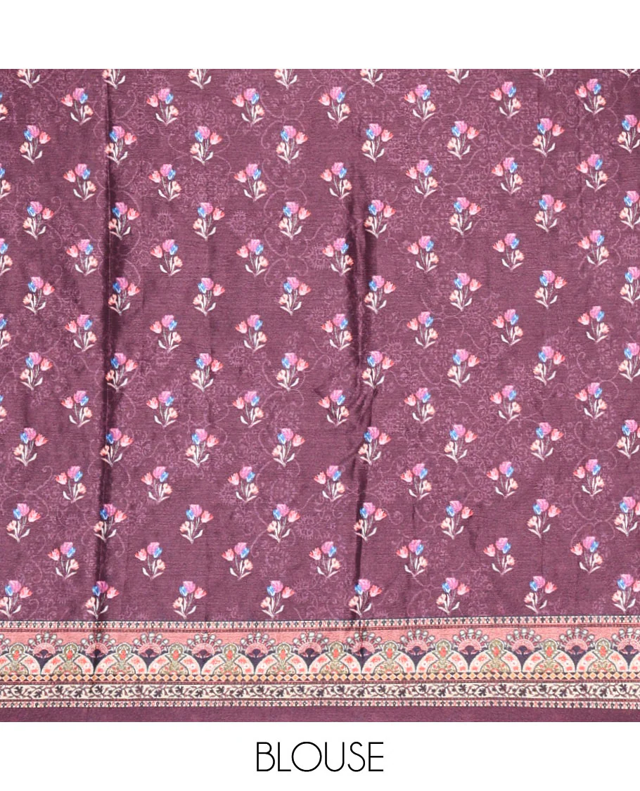 Purple floral printed and mirror work masakali saree, printed border, pallu of intricate print and mirror work, and a matching blouse - Image 3