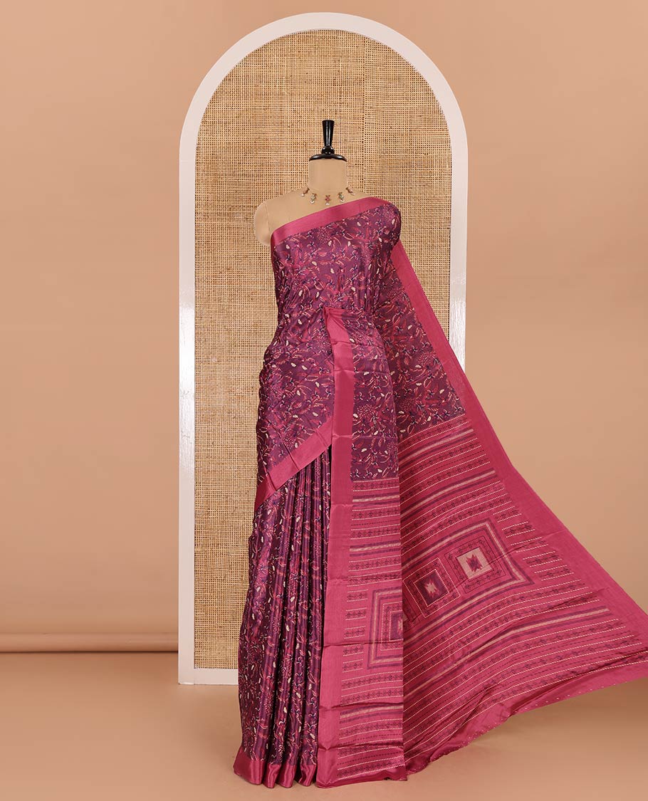 Purple floral style printed Turkey crepe saree, contrast plain border, geometric printed pallu, and a contrast polka dotted blouse